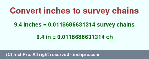 Result converting 9.4 inches to ch = 0.0118686631314 survey chains