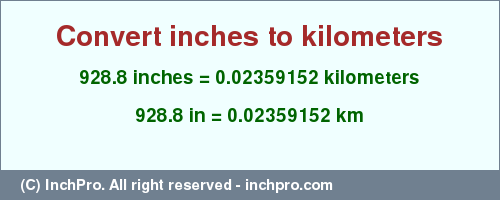 Result converting 928.8 inches to km = 0.02359152 kilometers