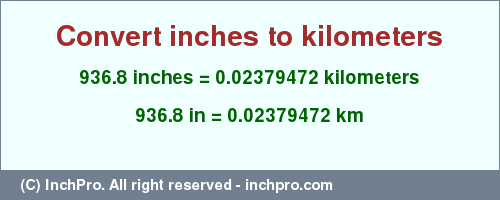 Result converting 936.8 inches to km = 0.02379472 kilometers