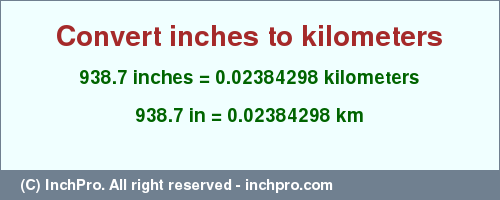 Result converting 938.7 inches to km = 0.02384298 kilometers