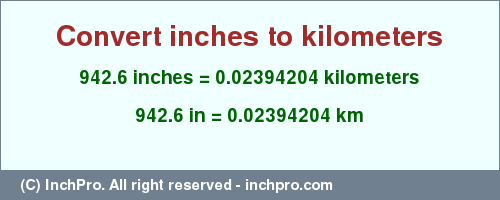 Result converting 942.6 inches to km = 0.02394204 kilometers
