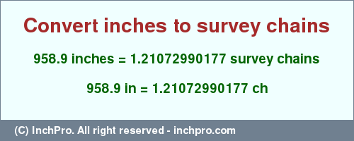 Result converting 958.9 inches to ch = 1.21072990177 survey chains