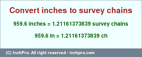 Result converting 959.6 inches to ch = 1.21161373839 survey chains