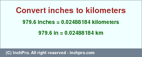 Result converting 979.6 inches to km = 0.02488184 kilometers