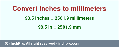 Result converting 98.5 inches to mm = 2501.9 millimeters