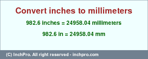 Result converting 982.6 inches to mm = 24958.04 millimeters