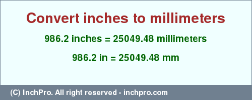 Result converting 986.2 inches to mm = 25049.48 millimeters