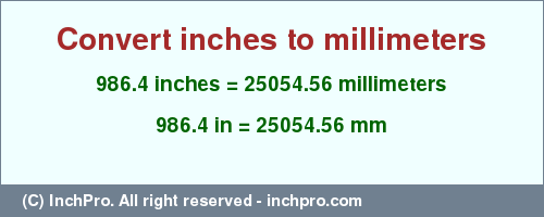 Result converting 986.4 inches to mm = 25054.56 millimeters