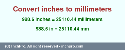 Result converting 988.6 inches to mm = 25110.44 millimeters