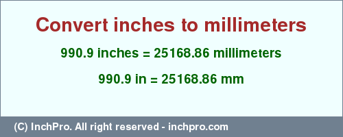 Result converting 990.9 inches to mm = 25168.86 millimeters