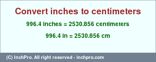 Result converting 996.4 inches to cm = 2530.856 centimeters