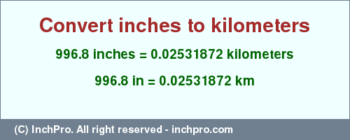 Result converting 996.8 inches to km = 0.02531872 kilometers