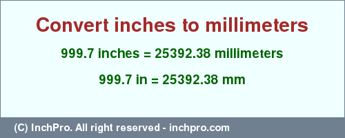 Result converting 999.7 inches to mm = 25392.38 millimeters