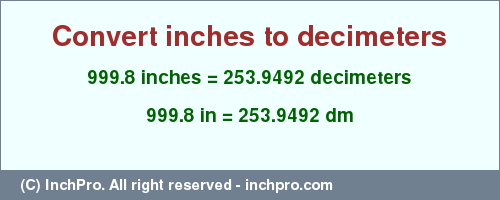 Result converting 999.8 inches to dm = 253.9492 decimeters