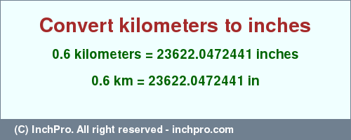 Result converting 0.6 kilometers to inches = 23622.0472441 inches