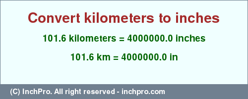 Result converting 101.6 kilometers to inches = 4000000.0 inches