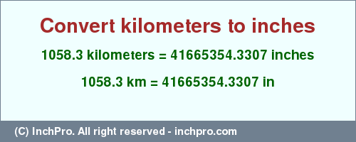 Result converting 1058.3 kilometers to inches = 41665354.3307 inches