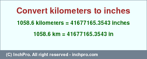 Result converting 1058.6 kilometers to inches = 41677165.3543 inches