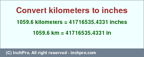 Result converting 1059.6 kilometers to inches = 41716535.4331 inches