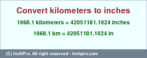 Result converting 1068.1 kilometers to inches = 42051181.1024 inches