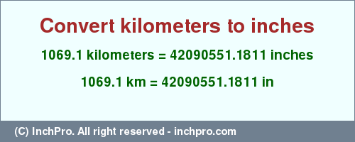 Result converting 1069.1 kilometers to inches = 42090551.1811 inches