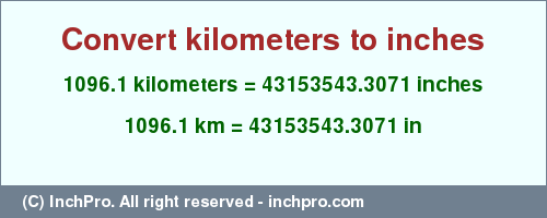 Result converting 1096.1 kilometers to inches = 43153543.3071 inches