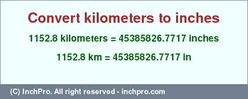 Result converting 1152.8 kilometers to inches = 45385826.7717 inches