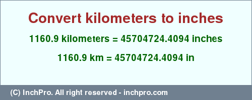 Result converting 1160.9 kilometers to inches = 45704724.4094 inches