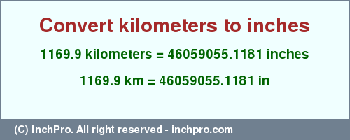 Result converting 1169.9 kilometers to inches = 46059055.1181 inches