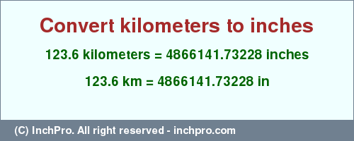 Result converting 123.6 kilometers to inches = 4866141.73228 inches