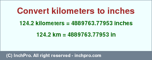 Result converting 124.2 kilometers to inches = 4889763.77953 inches