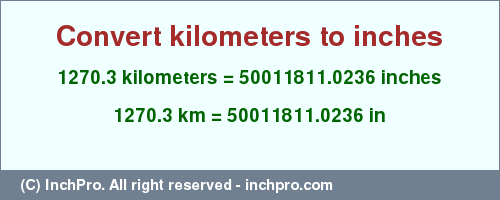 Result converting 1270.3 kilometers to inches = 50011811.0236 inches