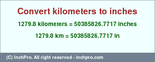 Result converting 1279.8 kilometers to inches = 50385826.7717 inches