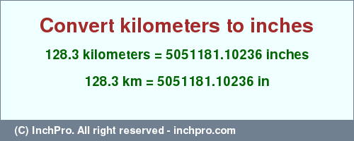 Result converting 128.3 kilometers to inches = 5051181.10236 inches