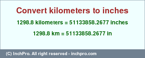 Result converting 1298.8 kilometers to inches = 51133858.2677 inches