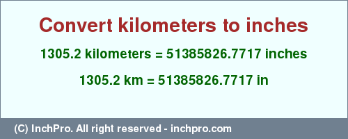 Result converting 1305.2 kilometers to inches = 51385826.7717 inches