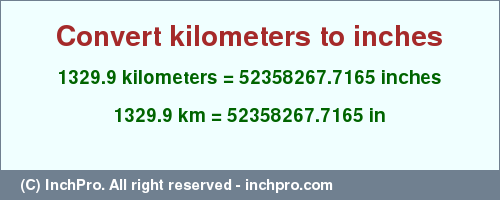 Result converting 1329.9 kilometers to inches = 52358267.7165 inches