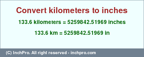 Result converting 133.6 kilometers to inches = 5259842.51969 inches