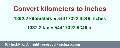 Result converting 1382.2 kilometers to inches = 54417322.8346 inches