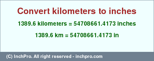 Result converting 1389.6 kilometers to inches = 54708661.4173 inches