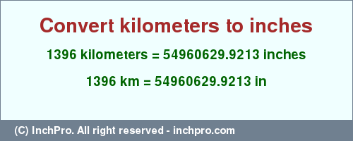 Result converting 1396 kilometers to inches = 54960629.9213 inches