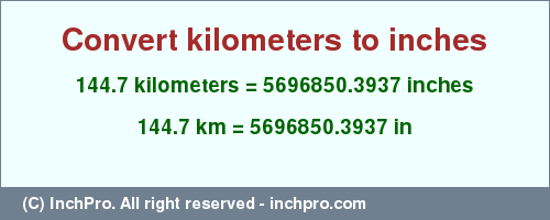 Result converting 144.7 kilometers to inches = 5696850.3937 inches