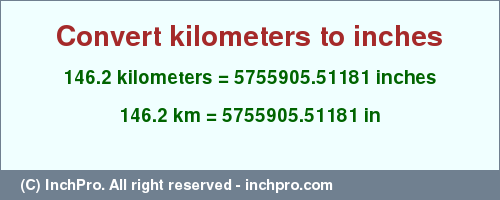 Result converting 146.2 kilometers to inches = 5755905.51181 inches