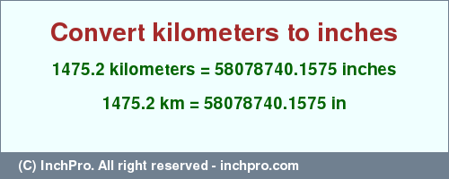 Result converting 1475.2 kilometers to inches = 58078740.1575 inches