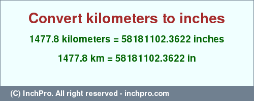 Result converting 1477.8 kilometers to inches = 58181102.3622 inches