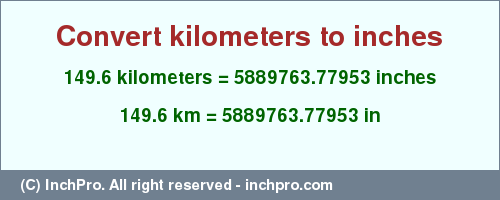 Result converting 149.6 kilometers to inches = 5889763.77953 inches