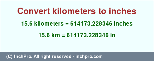 Result converting 15.6 kilometers to inches = 614173.228346 inches