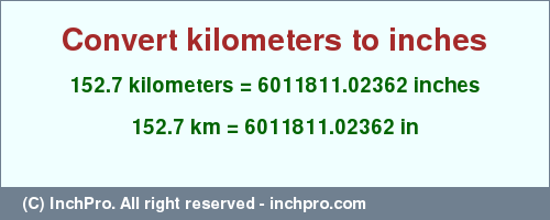 Result converting 152.7 kilometers to inches = 6011811.02362 inches