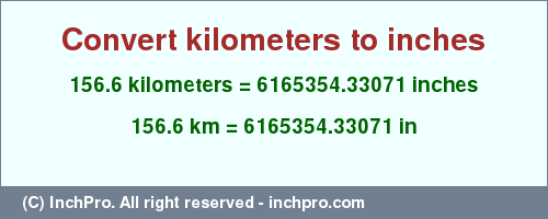 Result converting 156.6 kilometers to inches = 6165354.33071 inches