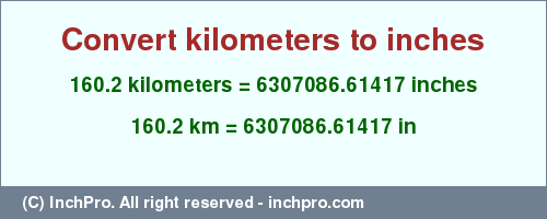 Result converting 160.2 kilometers to inches = 6307086.61417 inches